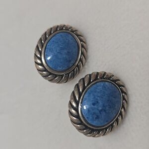Mexico Sterling Silver and Denim Lapis Stone Earrings